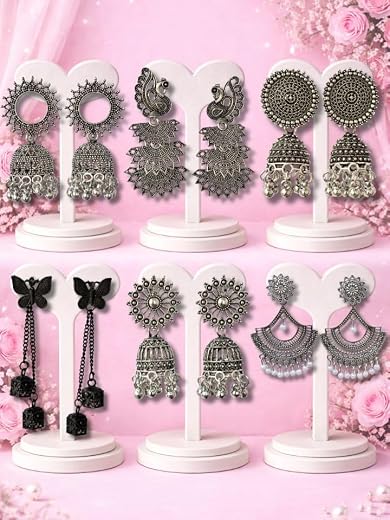 6 Pair Oxidised Jhumka & Dangler Earrings Combo for Women and Girls | Traditional Indian Silver Ethnic Jewellery Set (Butt...