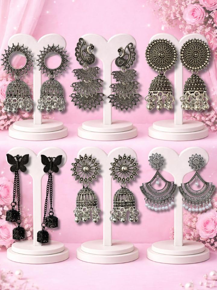 6 Pair Oxidised Jhumka & Dangler Earrings Combo for Women and Girls | Traditional Indian Silver Ethnic Jewellery Set (Butt... - Review, Price and Buying Guide