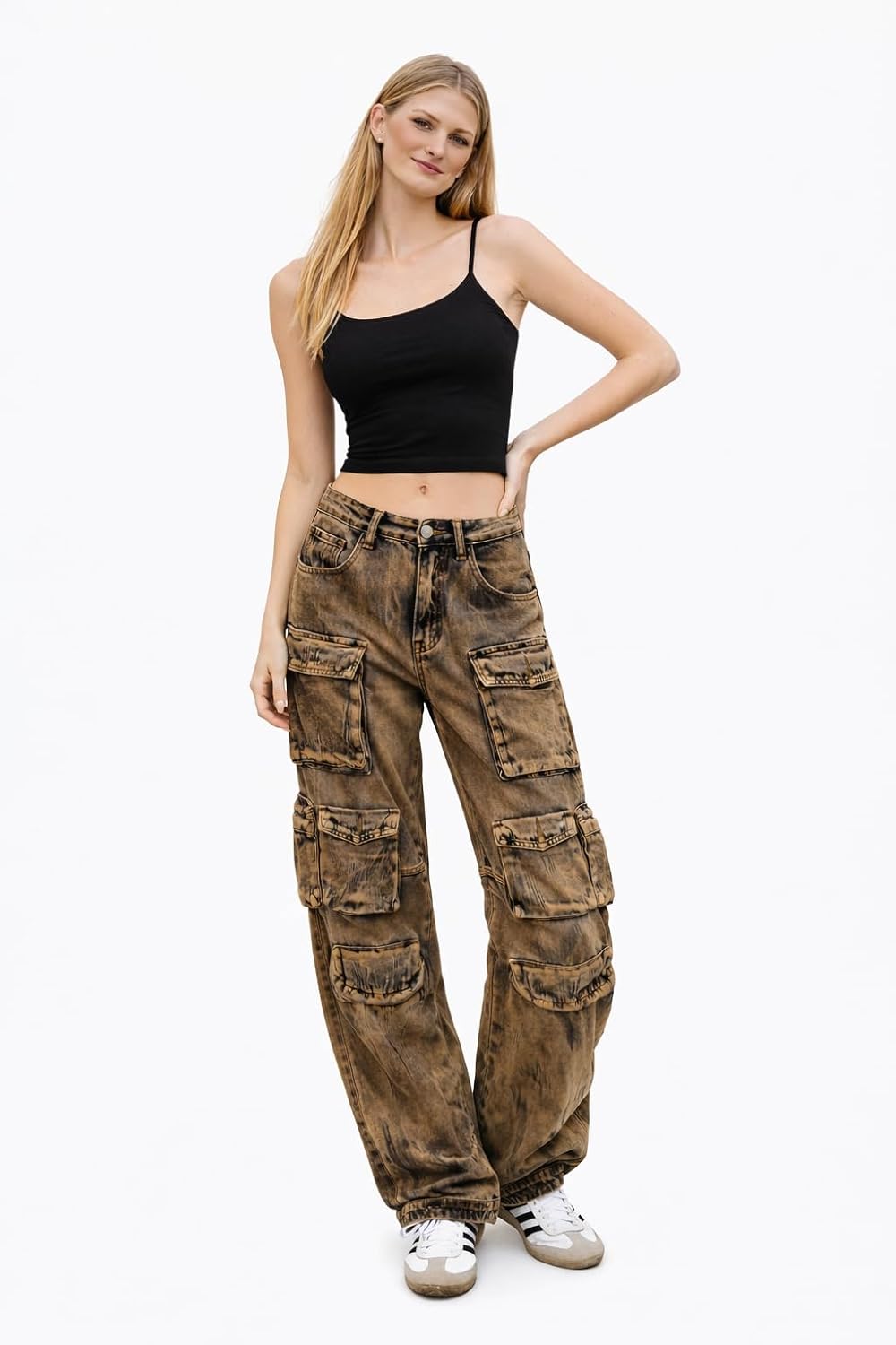 QVA Vintage Sand Cargo Denim Jeans, Wide Leg High Waisted Multi-Pocket Pants, Relaxed Fit Streetwear