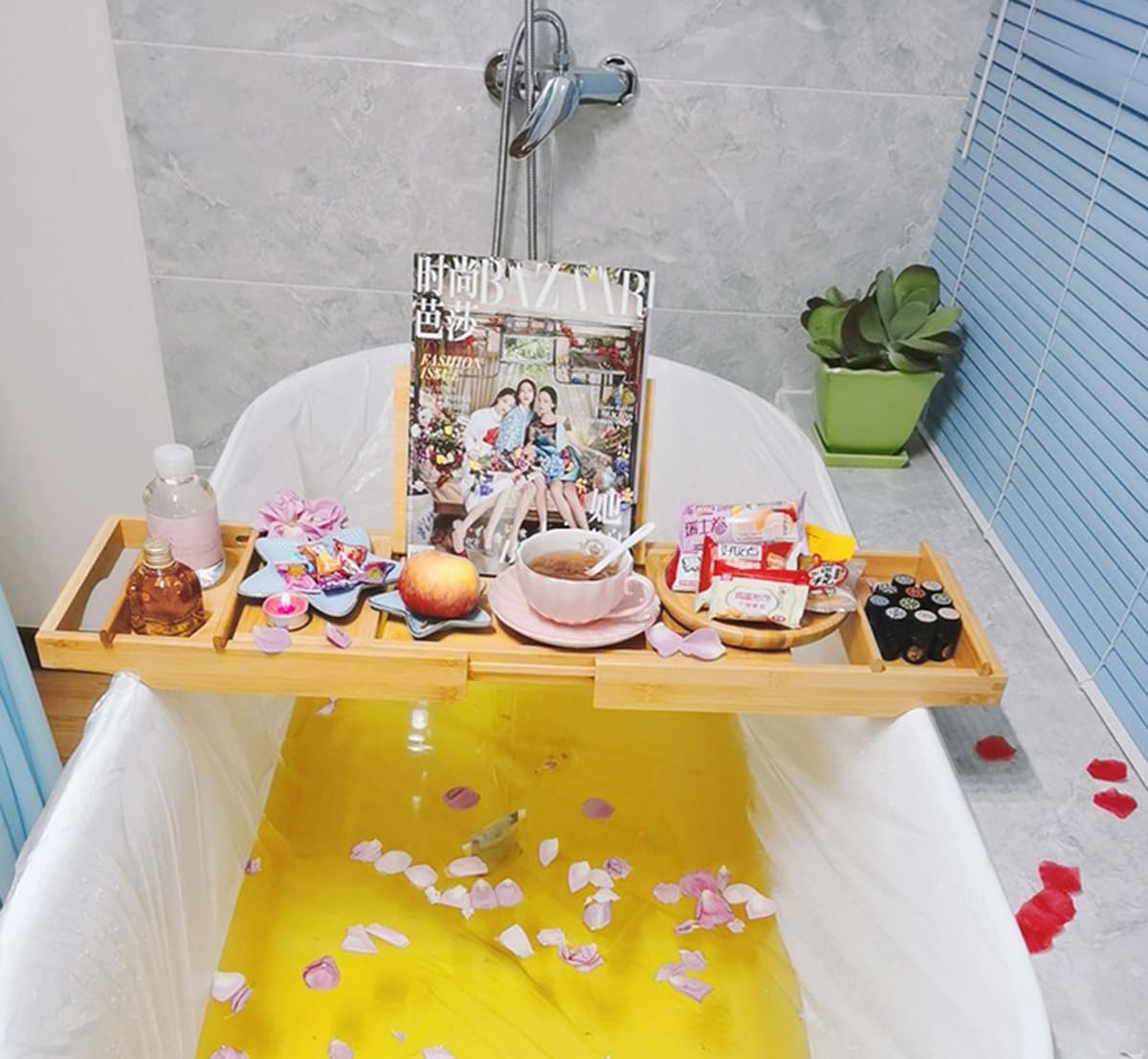 Bandeja de bambú natural para bañera con lados extensibles, ajustable, con soporte para copas de vino y soporte para teléfono, bandeja de baño impermeable para el hogar, baño, color gris