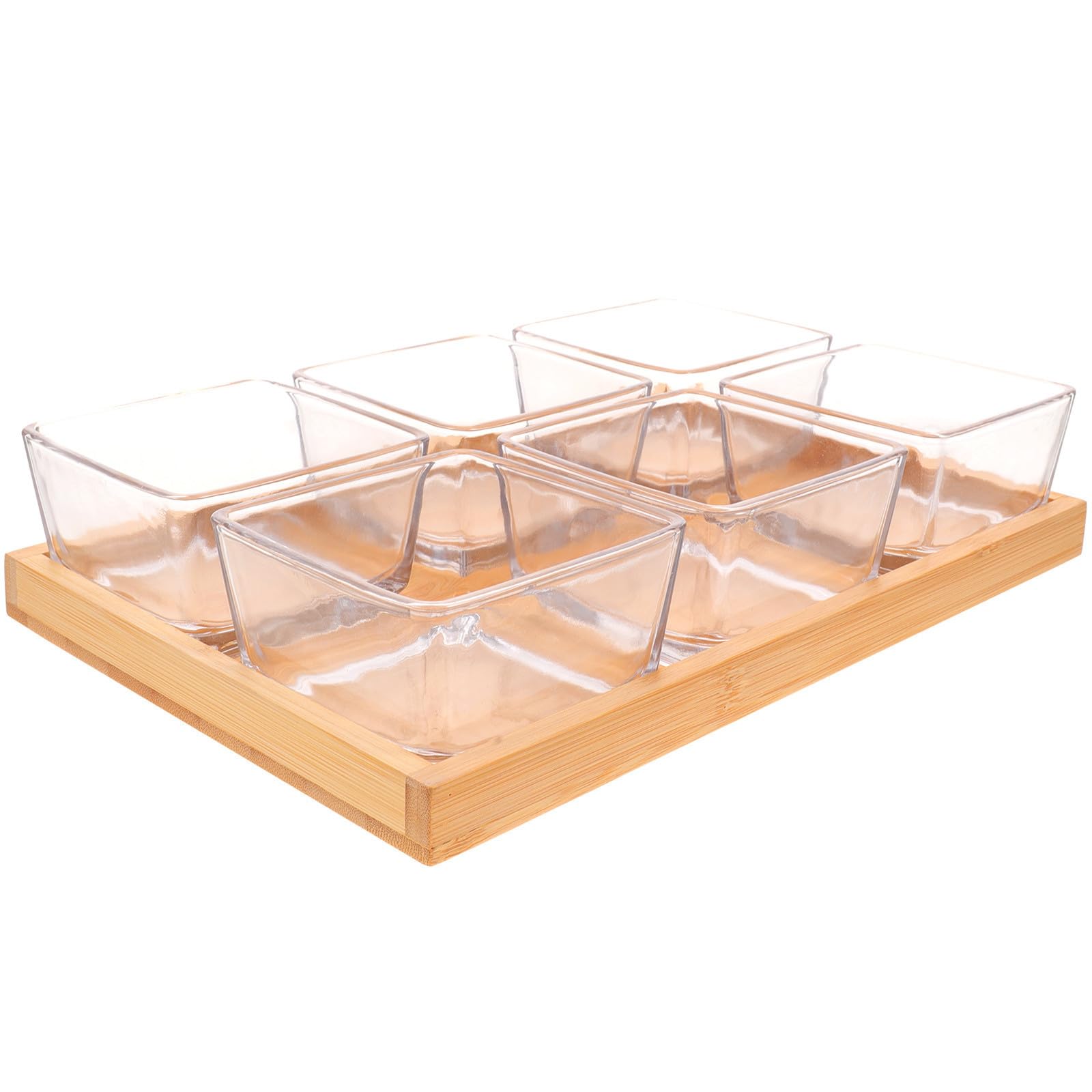 Plat de Service en Verre à 6 Compartiments avec Support en Bambou, Pratique de Qualité pour Dîner Familial Quotidien ou Service