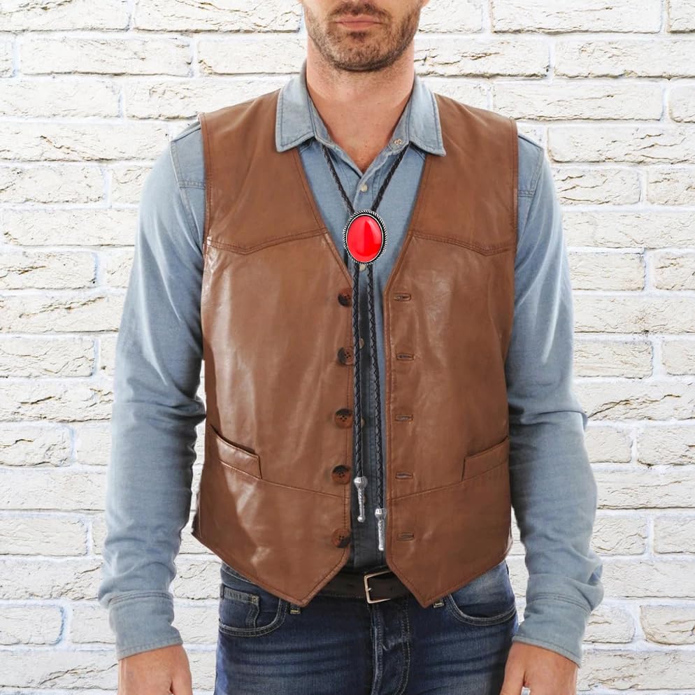 Image of Joxevyia Bolo Tie for Men Vintage Cow Skull Leather Rope Western Cowboy Necktie Vintage Bola Tie Gift for Him