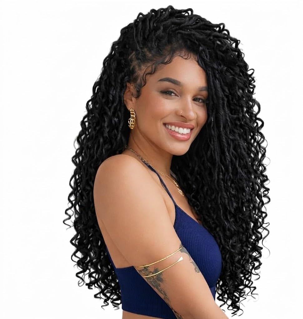 Faux Locs Curly Boho Braid Hair - Haarverlängerungen zum Flechten mit Crochet im Echthaar-Look Kanekalon - 600 g 120 Strähnen auf 5 Stück + 3 Zubehör inklusive (1B, 22" 45cm)