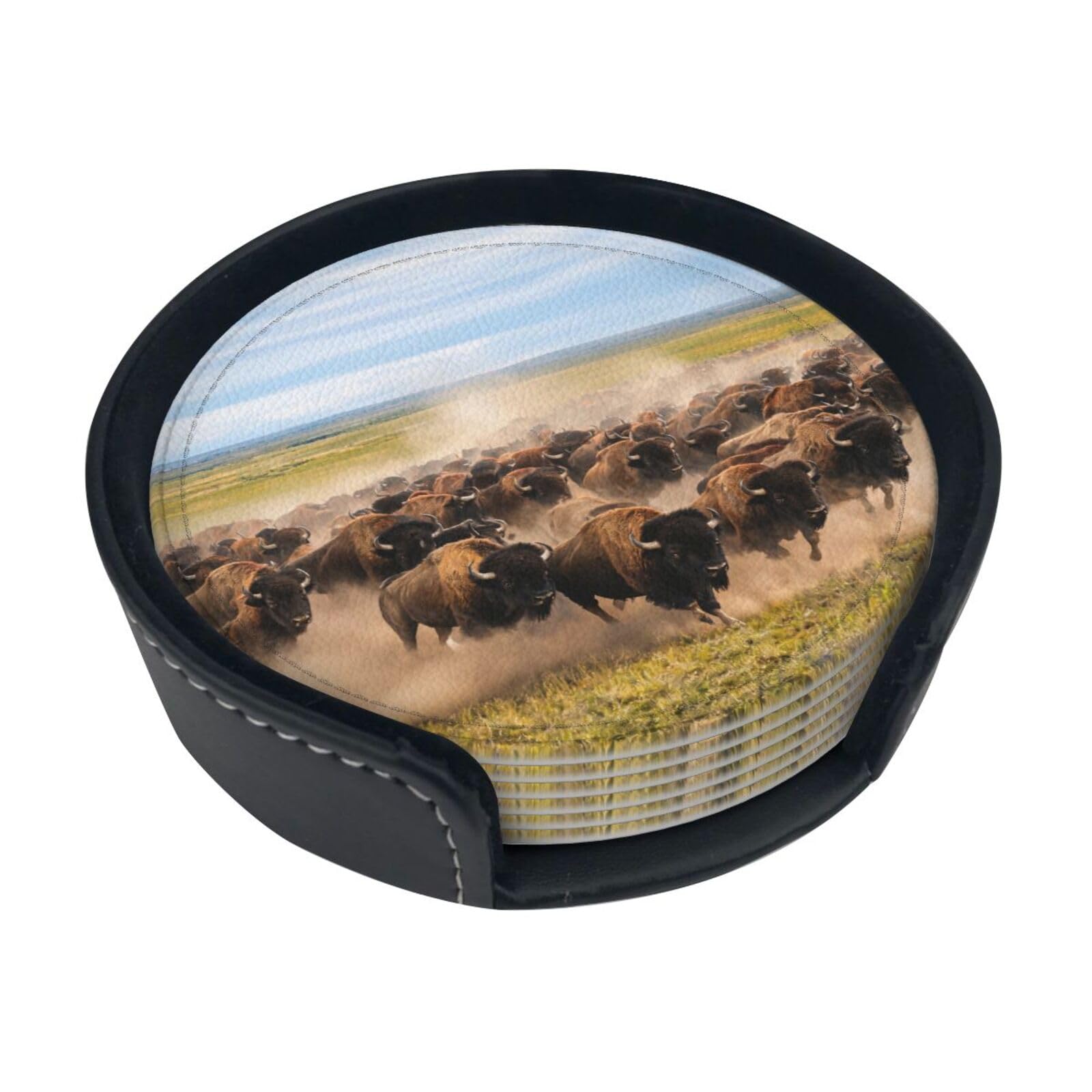 Bison Herd Leather Coasters-Set of 6 with Storage Holder