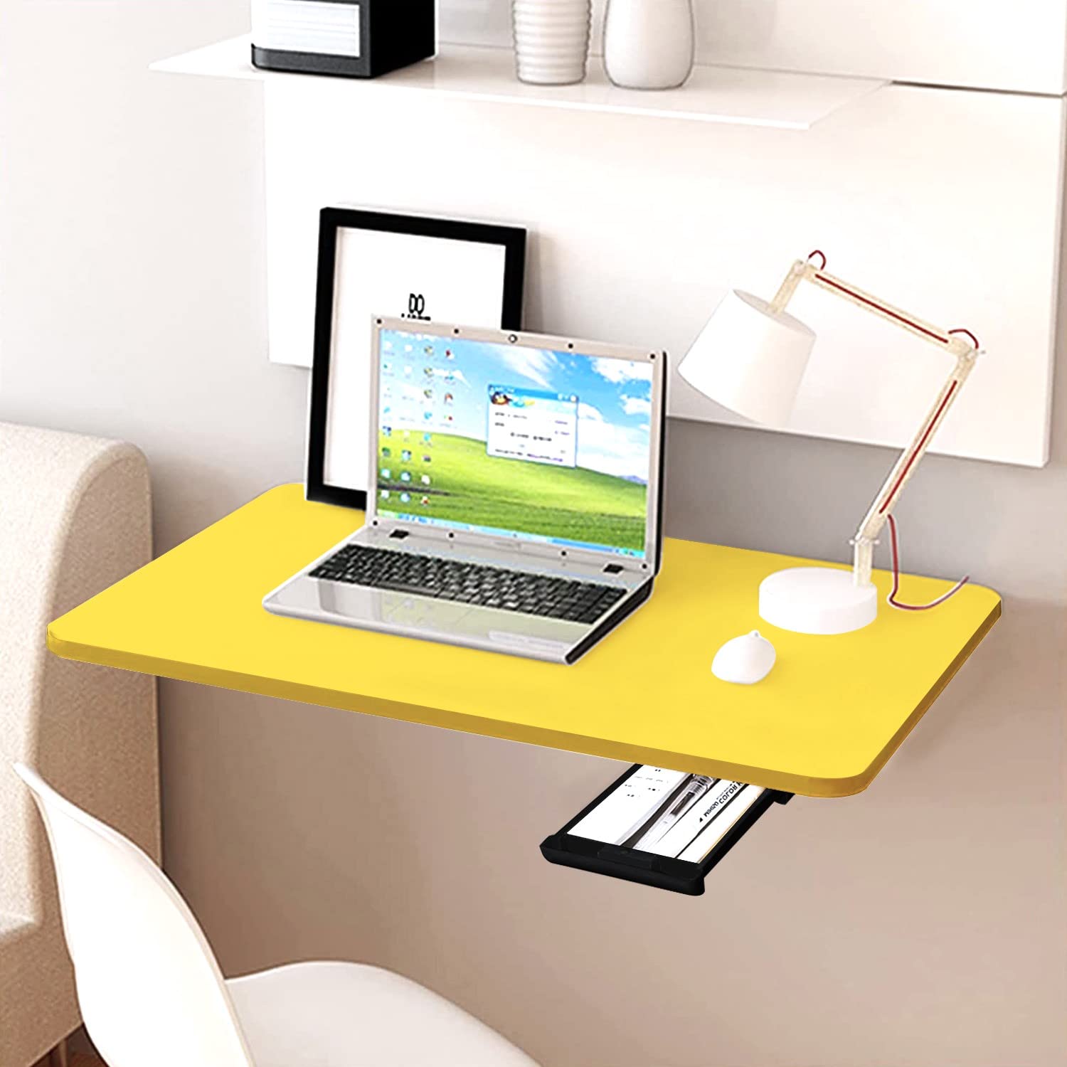 QARA Solid Wood Wall Mounted Folding Round Corner Study Table| Wall Mount Table | Foldable Laptop Desk for Home and Office Computer… (16 x 24 Wall Table (Yellow))