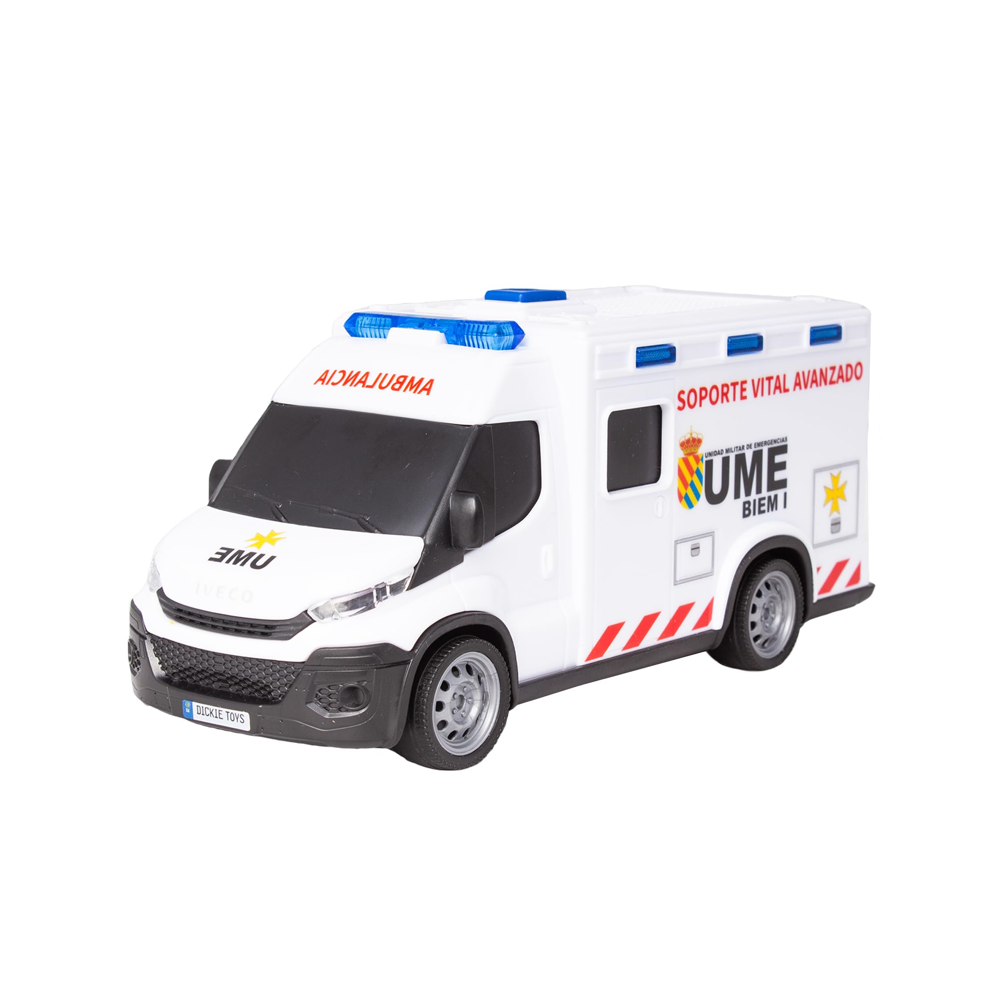 Dickie Toys - Ambulanza IVECO UME 18 cm, Ambulanza giocattolo, Luce e Suono, Ruota con Girata Libera, con Barella, Veicolo Giocattolo Bambini Ragazze a partire dai 3 anni (203713014SI5)
