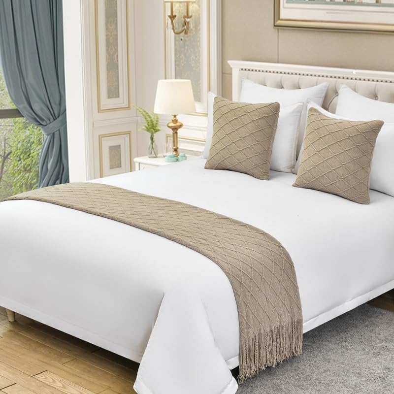 MSTZA 63 x/172/230/260 cm Quasten, solides großes Zopfmuster-Bettläufer-Set, weich und warm, dekorative Bettläufer, gewebte Bettwäsche, Dekor für Hotels