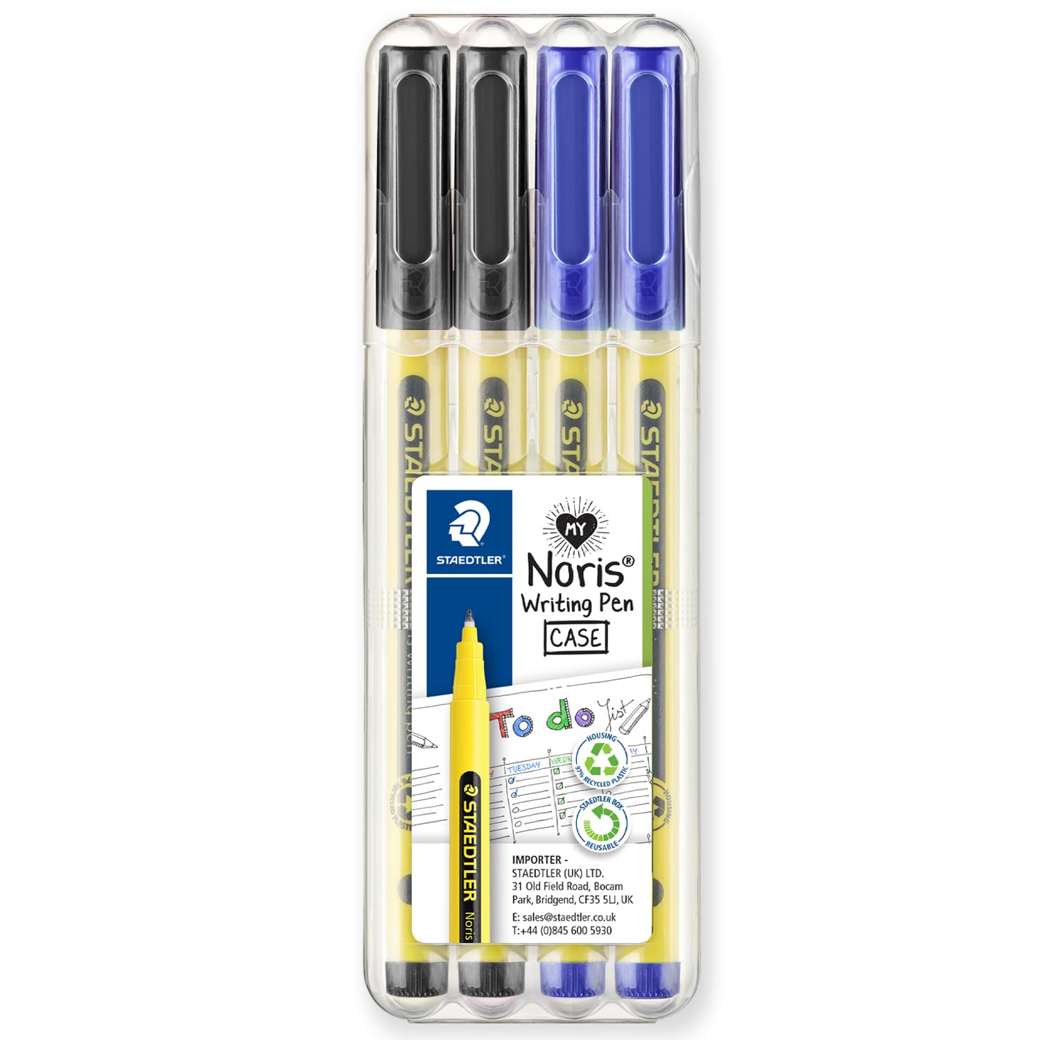 STAEDTLER 307 Noris Writing Pen - Handwriting Pens - 0.6mm Line Width - Ideal for School, Work, Office, etc - Clam Wallets - Pack of 4 - Black, Blue