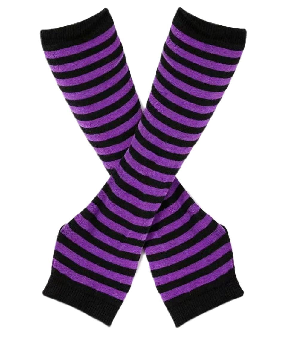 Leryavow Striped Punk Gothic Rock Long Arm Warmer Fingerless Gloves X Black Purple