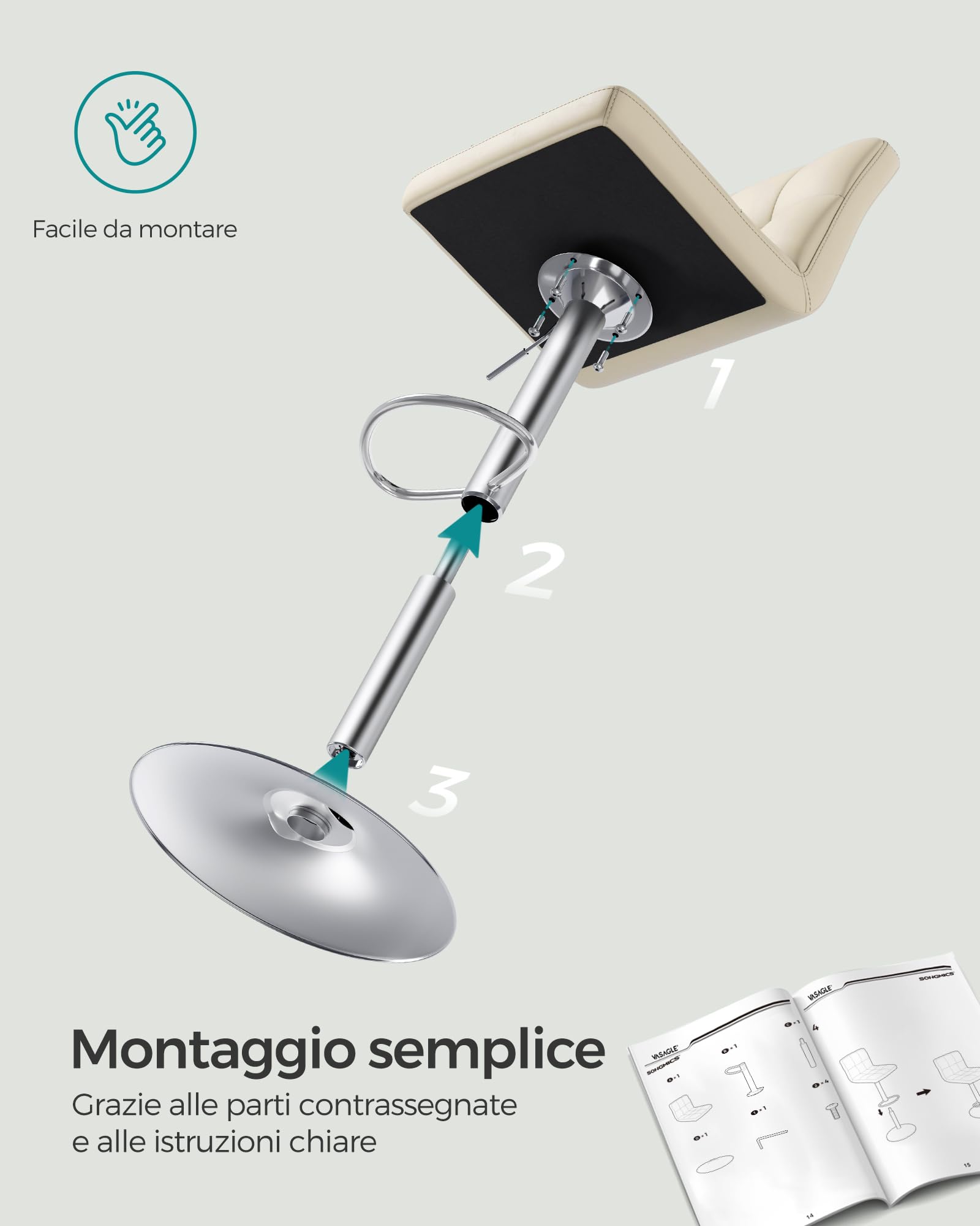 SONGMICS Juego de 2 Taburetes de Bar, Silla Alta, Altura Regulable con Funda de PU, Giratorio con Respaldo y Reposapiés, Comedor, Mostrador, Acero Cromado, Beige Arena LJB064K03