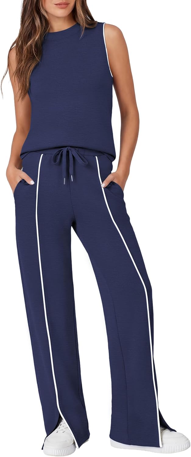 Casly Lamiit Women's 2 Piece Outfits Summer Casual Mock Neck Sleeveless Top Wide Leg Pant Sets Front Slits Travel Sweatsuit