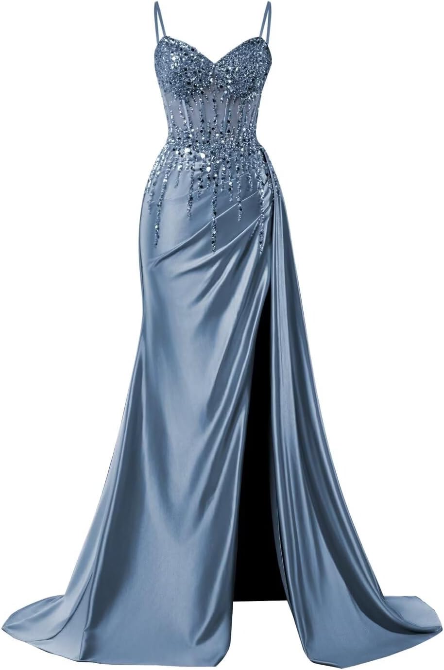 Sparkly Beaded Satin Prom Dresses with Slit Lace Appliques Spaghetti Strap Long Mermaid Evening Gown