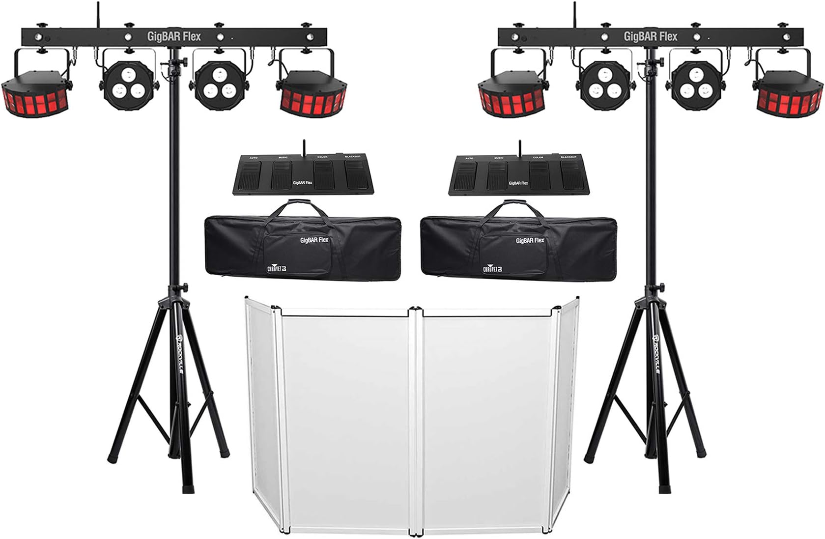 (2) Chauvet DJ GigBAR Flex 2 Derby+2 Par Can Lights+Footswitches+Stands+Facade