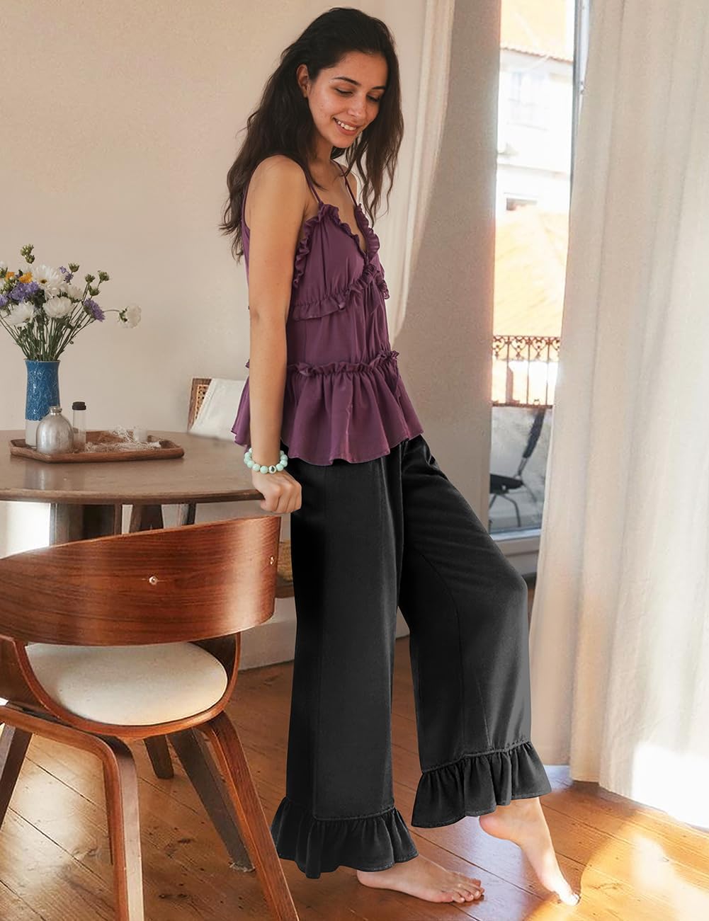 TARSE Women’s Linen Casual Pants Flared Leg Wide Leg Drawstring Ruffle Harem Palazzo Pants with Pockets - Image 2