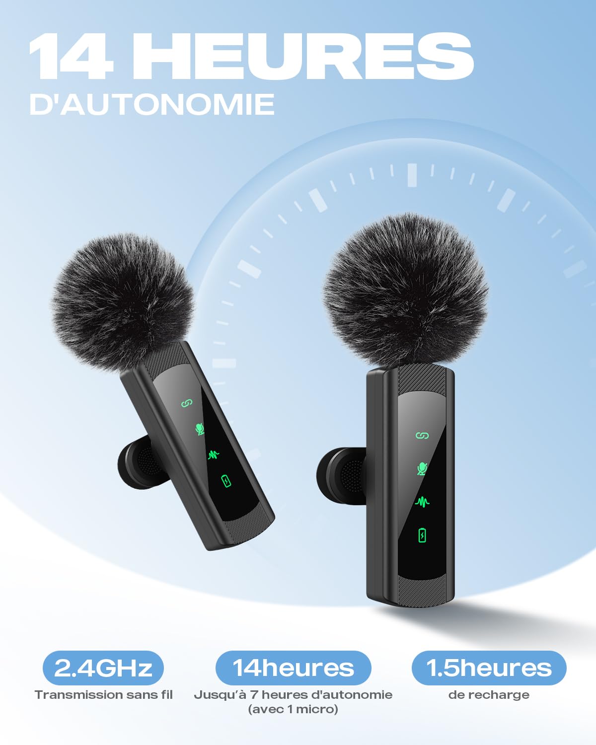 Micro Cravate sans Fil Professionnel, Mini Micro Plug & Play (USB-C/Lightning/USB-A), Réduction de Bruit, Appairage Auto, Sourdine & Réverbération, pour Vidéo, Youtube, Téléphone/PC/Caméra