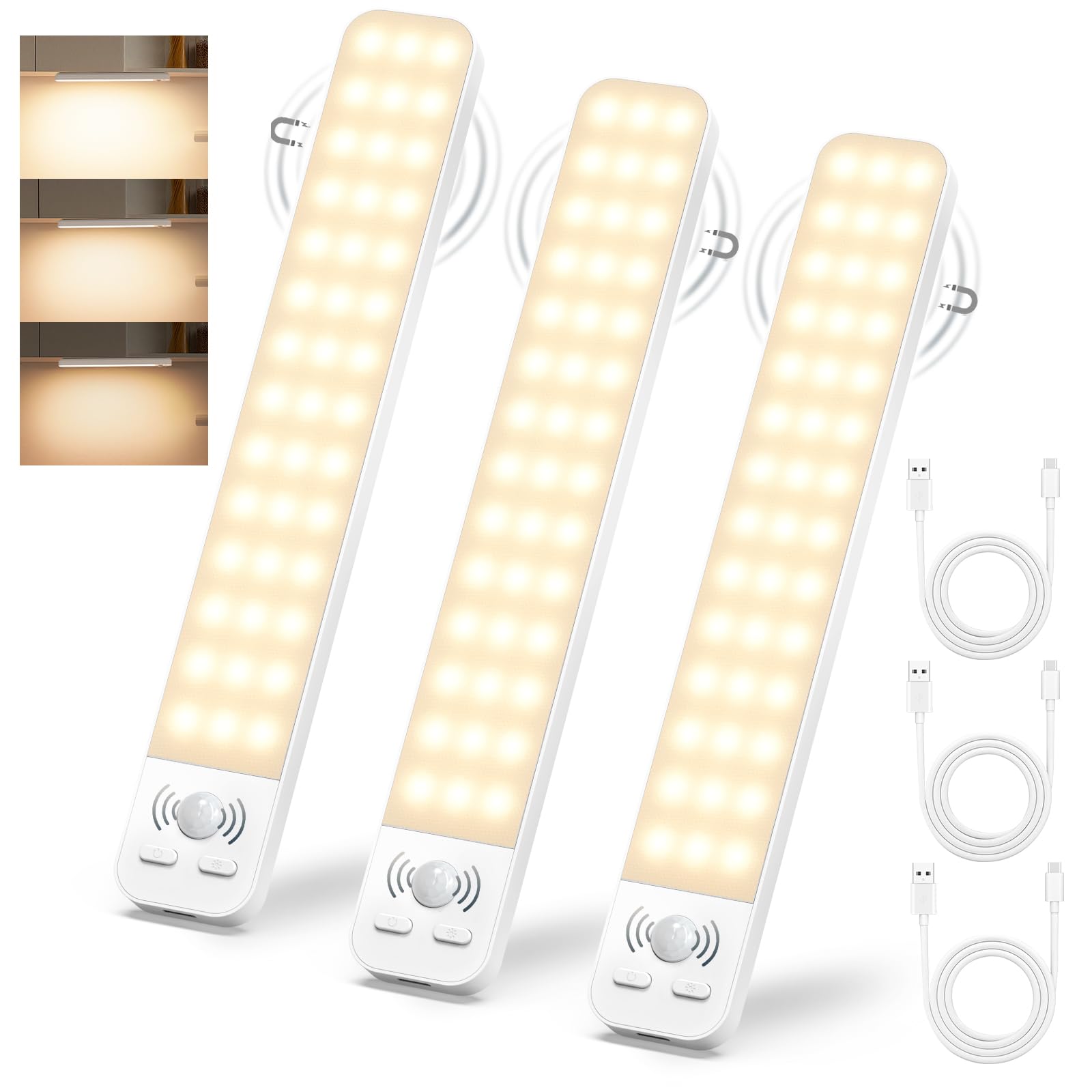 Ylatoial 3000K Under Cabinet Kitchen Lights, 25Cm 2000Mah Cupboard Lights Motion Sensor Indoor Brightness Adjustable Cabinet Lighting Usb Rechargeable Wardrobe Light Magnetic For Stairs Hallway -3 Pack