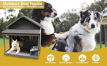 45 Dog House with Porch, Outdoor Indoor Wooden Doghouse with Dog Bowl, Breathable Window, Removable Base Plate, Weatherproof Dog Kennel Pet House for Small Medium Large Dogs, Gray