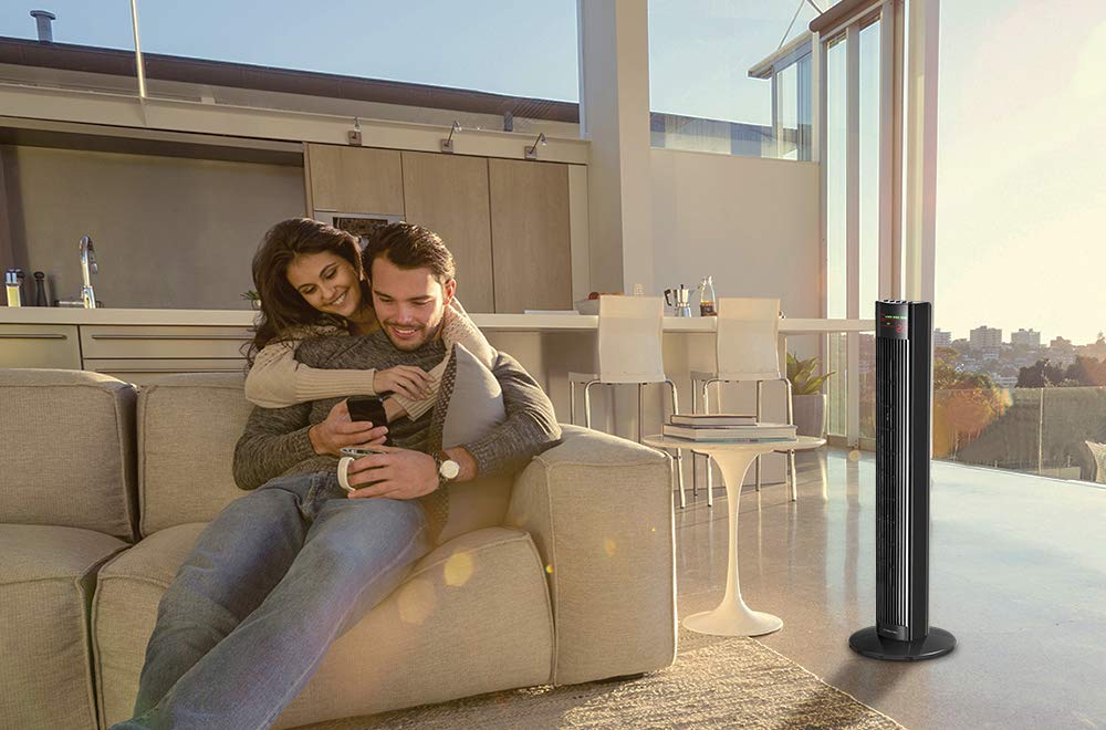 TROTEC Ventilador de Torre TVE 31 T, 45 W, Pantalla LED, Mando a Distancia, 3 Velocidades de Ventilación, Oscilación Automática de 60°, Base de Apoyo Estable y Antideslizante, Temporizador