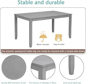 RuiSiSi 5 Piece Dining Table Set for 4, Farmhouse Rectangular Kitchen Table with 4 Padded Chairs, Rustic 5 Piece Dinette Table Set for Living Room, Gray