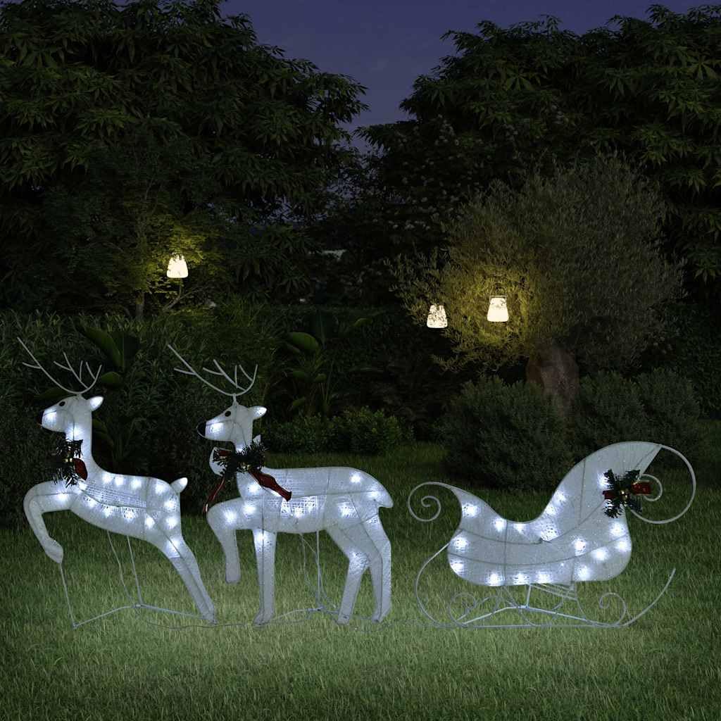 Weihnachtsdekoration Rentier mit Schlitten, 60 LED Lichterkette für Außen, Kaltweiß, 8 Leuchtmodi, USB-betrieben, Metallgestell Weihnachtsfigur für Garten und Terrasse