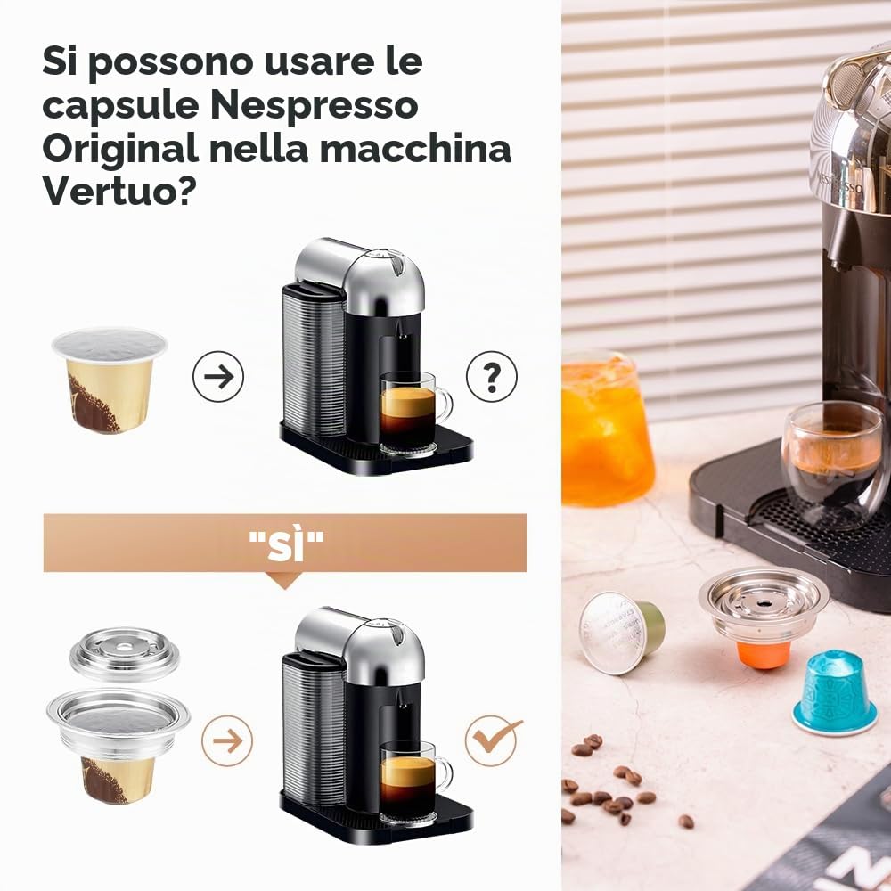 Adattatore per cialde di caffè riutilizzabile per Delonghi-ENV135, VertuoLine-GCA1, BENFUCHEN Supporto in acciaio inox per macchina Vertuo, preparazione del caffè al gusto originale Nespresso