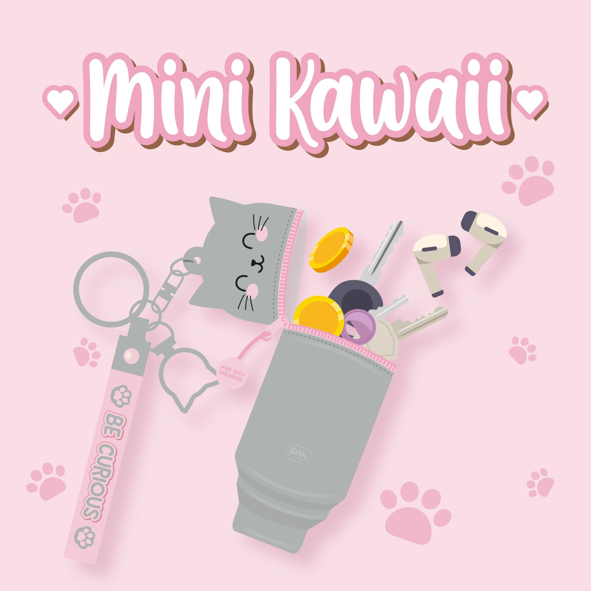 Legami Kawaii Mini Kawaii Portmonetka z motywem Kitty, z pierścieniem spiralnym, karabińczykiem i paskiem na rękę, silikonowa, 5 x 12 x 5 cm