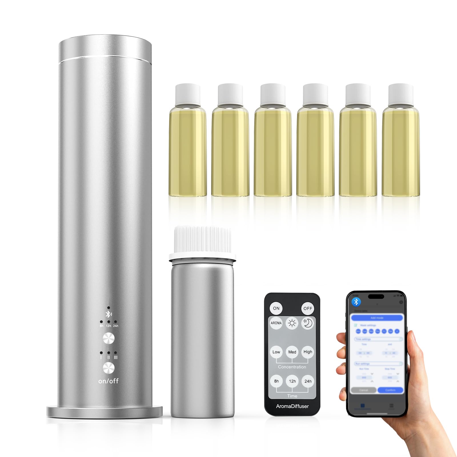 Wasserloser Diffusor für ätherisches Öl mit Bluetooth – 100 ml Kaltluft-Duftdiffusor, 6 Aromatherapie-Öle & Fernbedienung – Tragbarer Aromatherapie-Diffusor für Zuhause, Büro & Spa – Silber