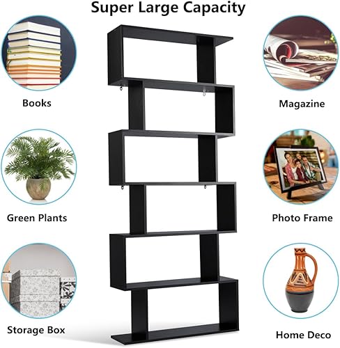 Miniatura 32 de Tangkula Estantería geométrica de 6 niveles, moderna estantería de almacenamiento en forma de S para sala de estar, dispositivo antivuelco, Negro