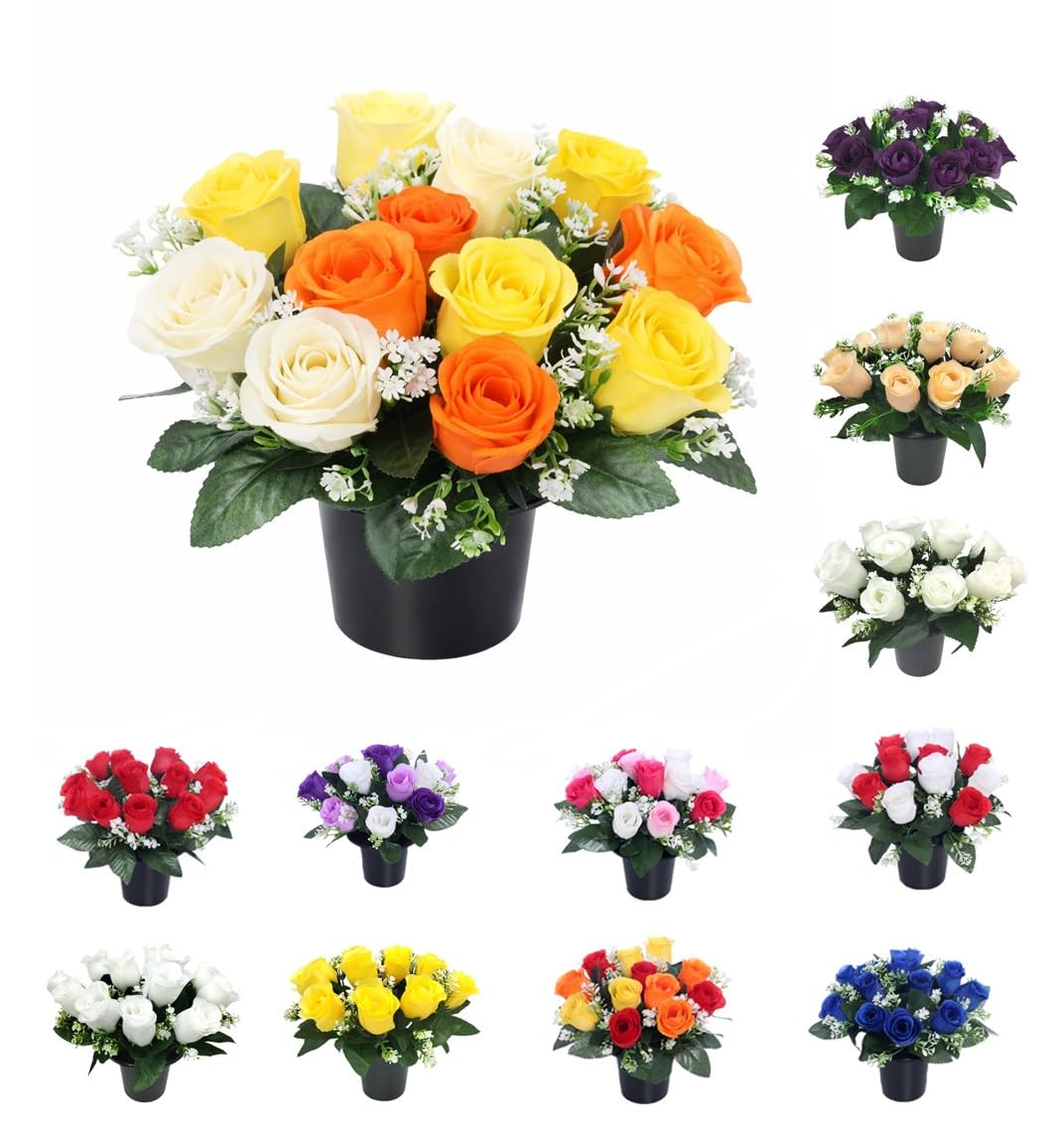 Pot de fleurs artificielles pour tombe Mr. Barry's avec roses ivoire et orange