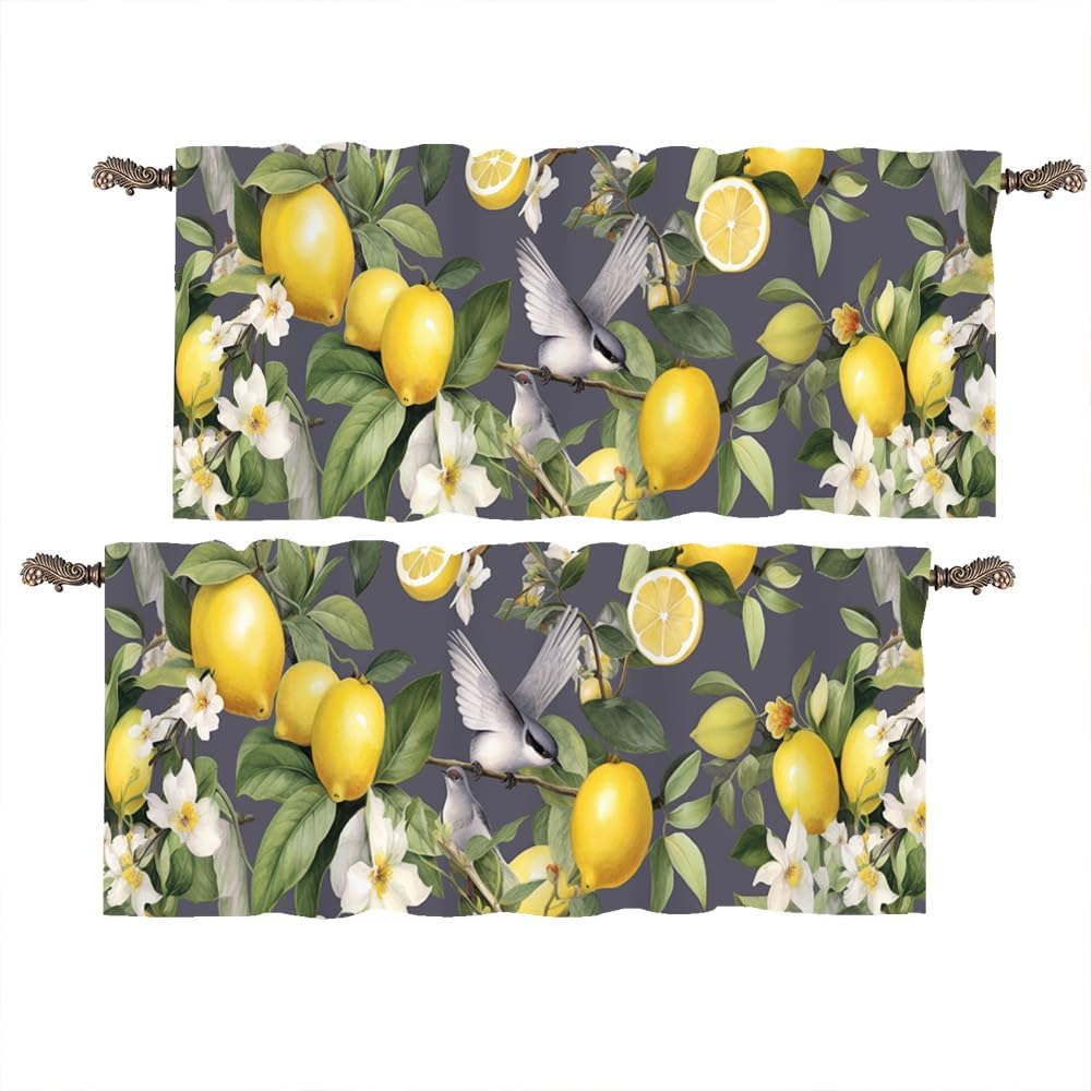 2 Panels Rustic Lemon Bird Window Valances, Yellow Fruit Food Window Treatment Decor Curtains Rod Pocket Valances for Kitchen/Living Room, 54" X 18"