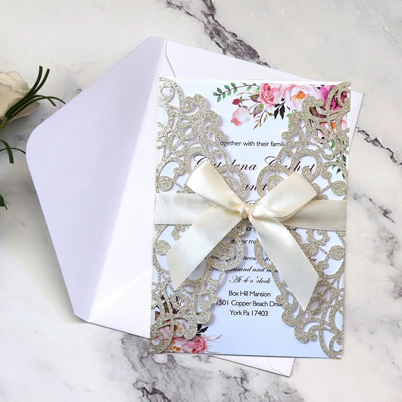 Glückwunschkarte Glitter Hochzeitseinladungskarte mit Bandumschlag Grußkarten Hochzeit Dekoration Partei liefert (50 stücke)(White Envelope)