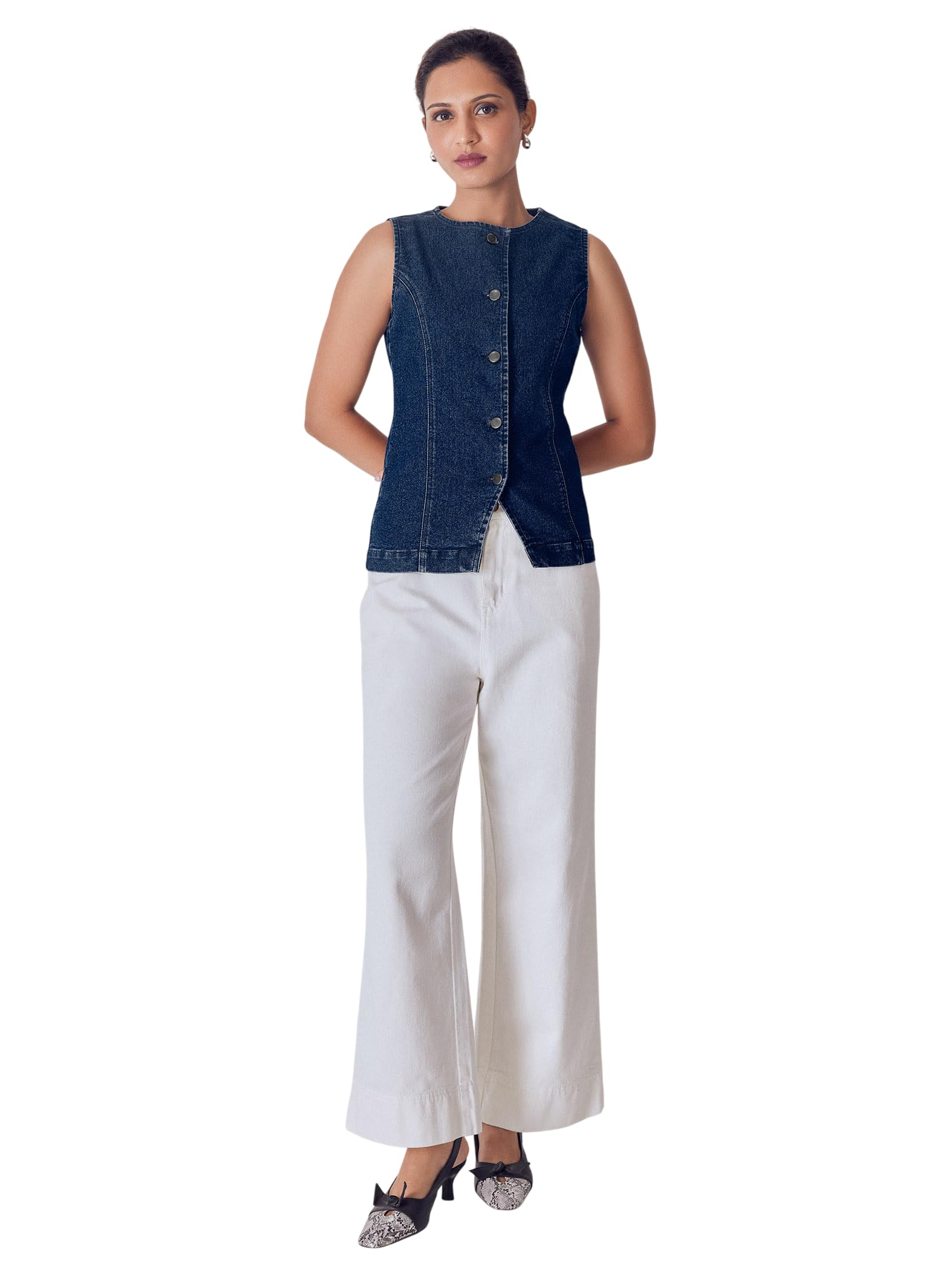 79% Cotton, 19% Poly, 2% Spandex Denim Split Front Waistcoat for Women | Stylish Elegant Comfortable Slim Fit Solid Plain Western Outfit Waistcoat-image-3