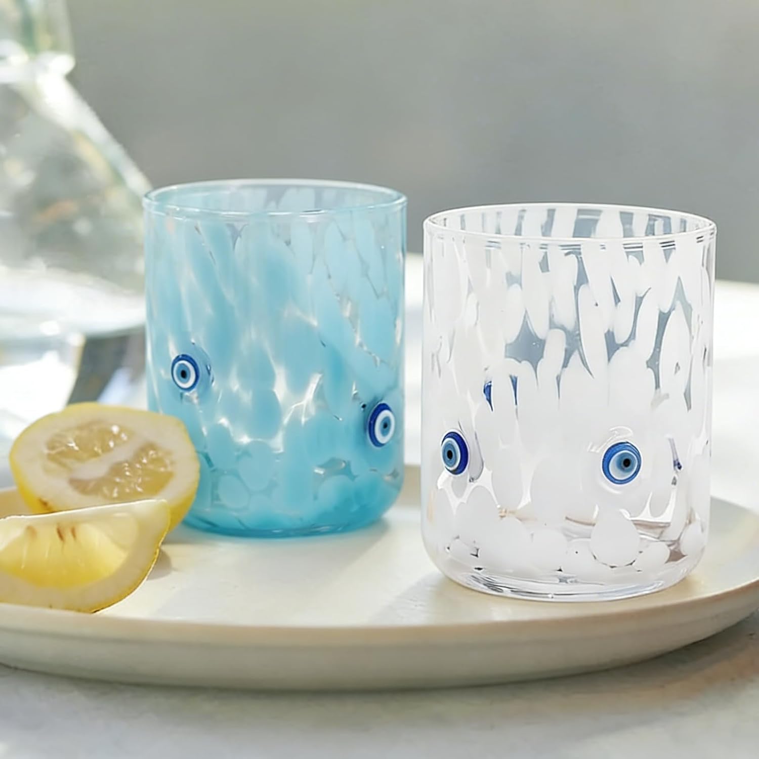 Whaline 2Pcs Evil Eye Icon Juice Glass 14 Oz Wine Glass Blue White Stemless Cocktail Drinking Cups for Home Party Favors Supplies