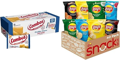COMBOS Cheddar Cheese Cracker - Bocadillos horneados de 1.7 onzas (paquete de 18) y paquete variado de papas fritas Lay's, 1 onza (paquete de 40)