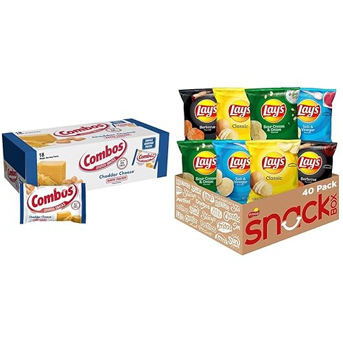 COMBOS Cheddar Cheese Cracker - Bocadillos horneados de 1.7 onzas (paquete de 18) y paquete variado de papas fritas Lay's, 1 onza (paquete de 40)