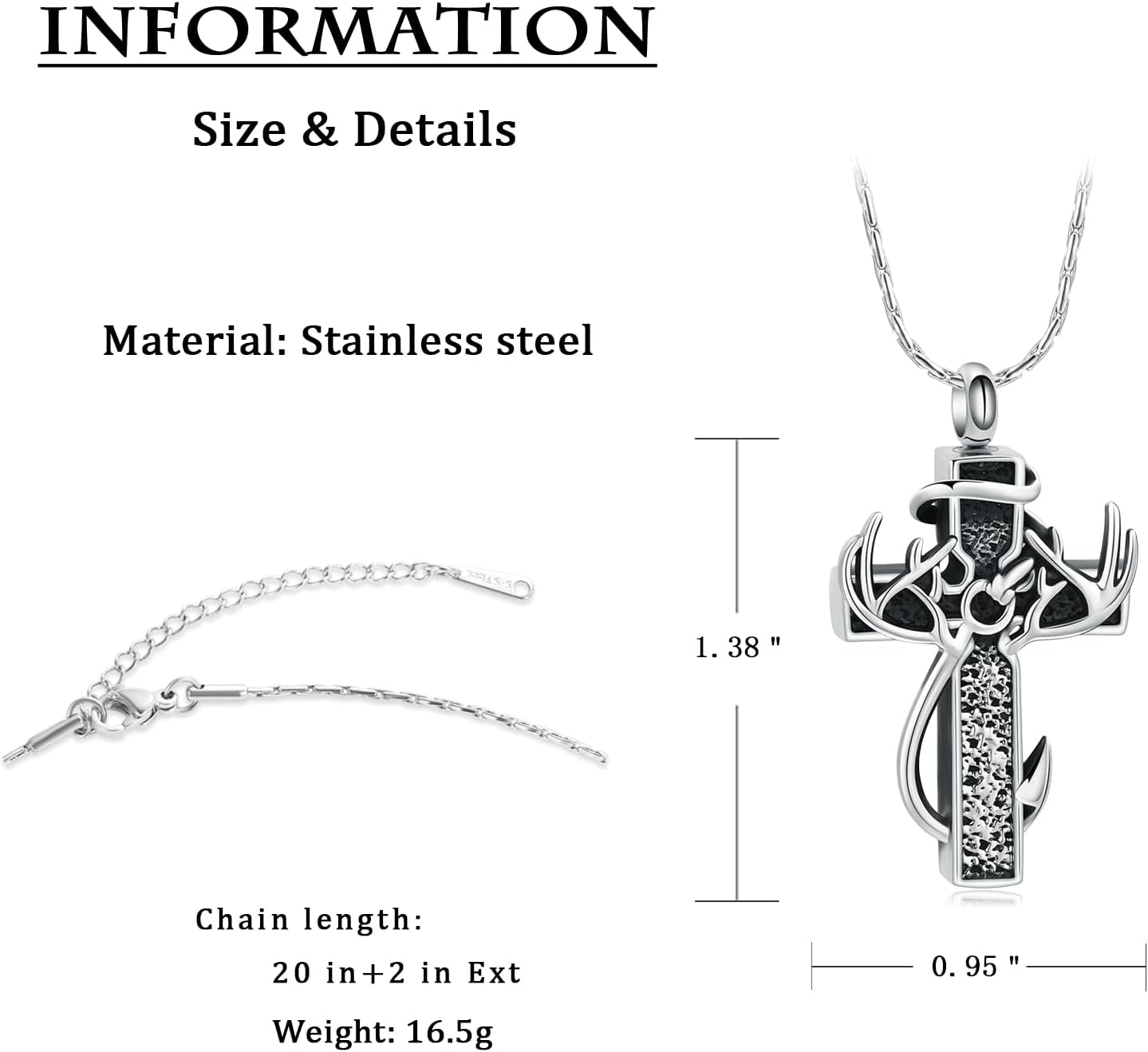 constantlife Cross Urn Necklace for Ashes for Women Men Fish Hook Memorial Pendant Deer Antler Cremation Jewelry Human Pet Ashes Holder Keepsake - Image 2