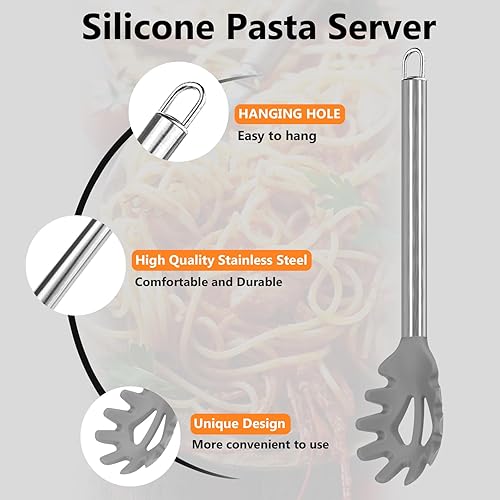 Miniatura 13 de 2 cucharas de espagueti y pinza para pasta, tenedor antiadherente de silicona de 13 pulgadas y mango de acero inoxidable de 9.8 pulgadas, pinza