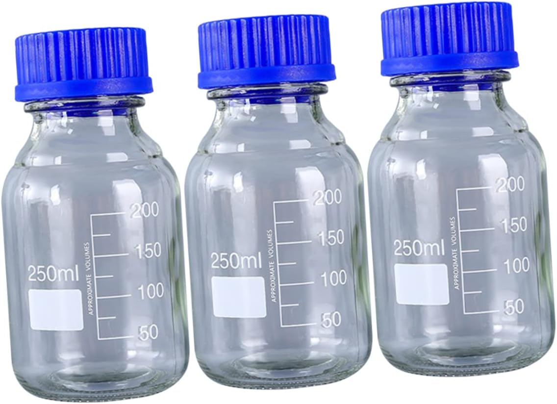 Zerodeko 3pcs Wide Mouth Glass Reagent Bottles Blue Screw Caps 250ml Sealing Containers for Chemical Samples and Medicine Storage