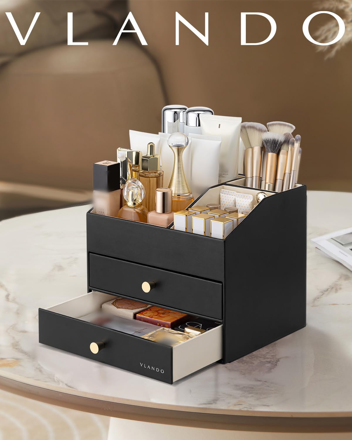 VLANDO Make-up-Organizer für Schminktisch, große Kapazität, Arbeitsplatten-Organizer mit Schubladen, PU-Leder, Kosmetik-Vitrine für Lippenstift, Pinsel, Hautpflege, Schlafzimmeraufbewahrung (schwarz)