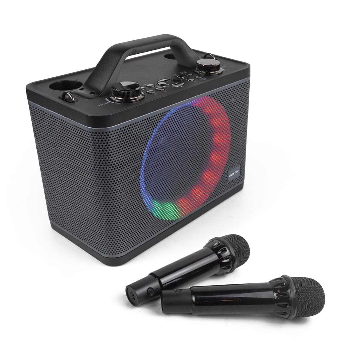 PRIXTON Karaoke con 2 Microfoni PartyGO, Cassa portatile di grande potenza per feste con Bluetooth/USB/AUX/SD, Speaker Wireless con luce LED multicolore RGB, Autonomia 4h, Regali per adulti e bambini
