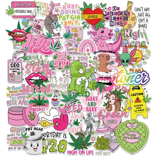 Eclazul Pink Weeds 420 Stickers - 100 Pcs Cute Marijuana Stoner Gifts