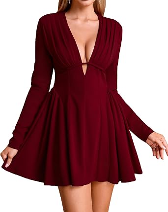 XinFSh Womens Sexy Fall Long Sleeve Mini Dress V Neck A-Line Corset Short Party Cocktail Dresses