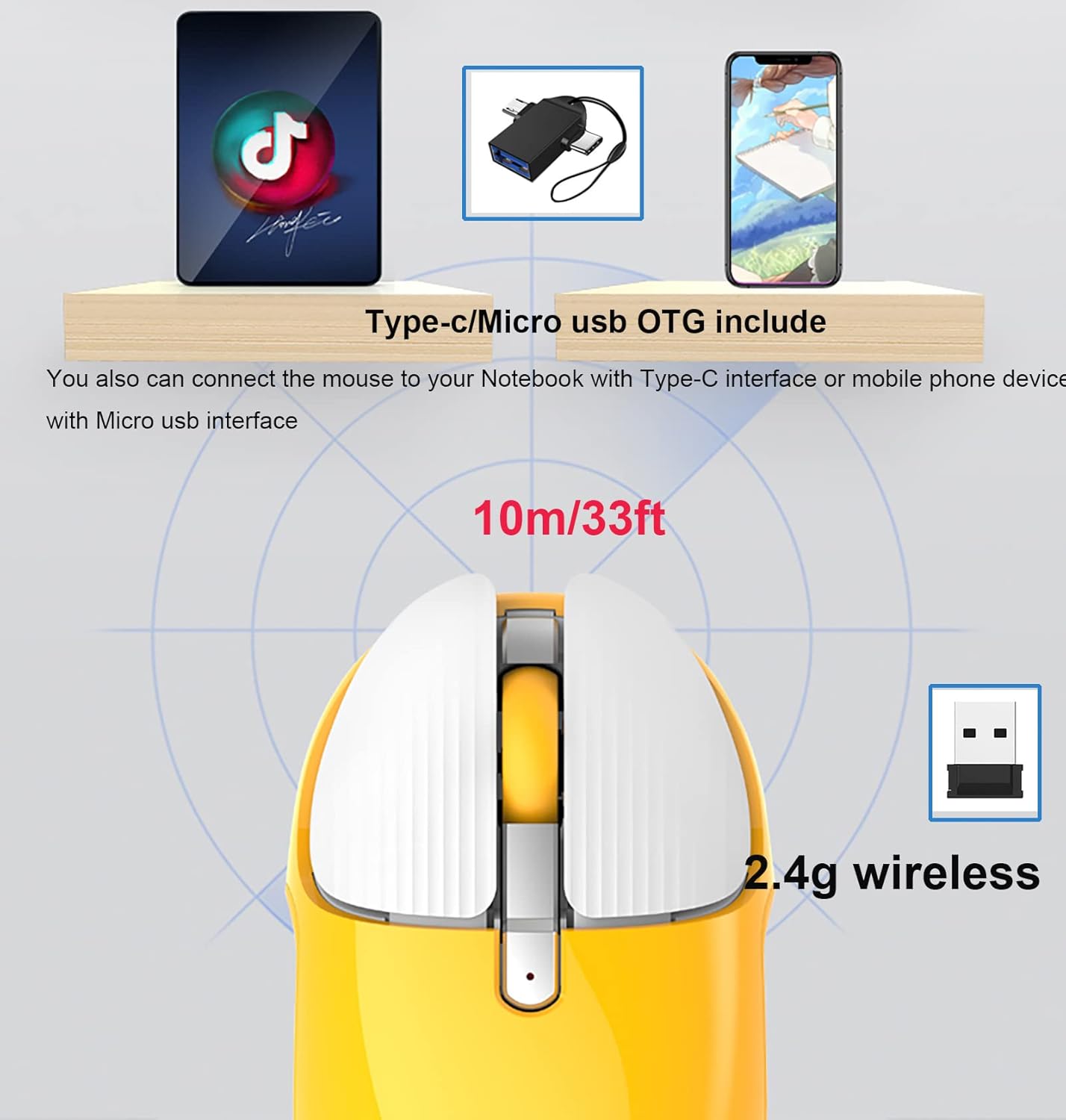 Diagram showing the JieruiDeng Wireless Mouse connecting to devices via USB receiver and optional Type-C/Micro USB OTG adapters