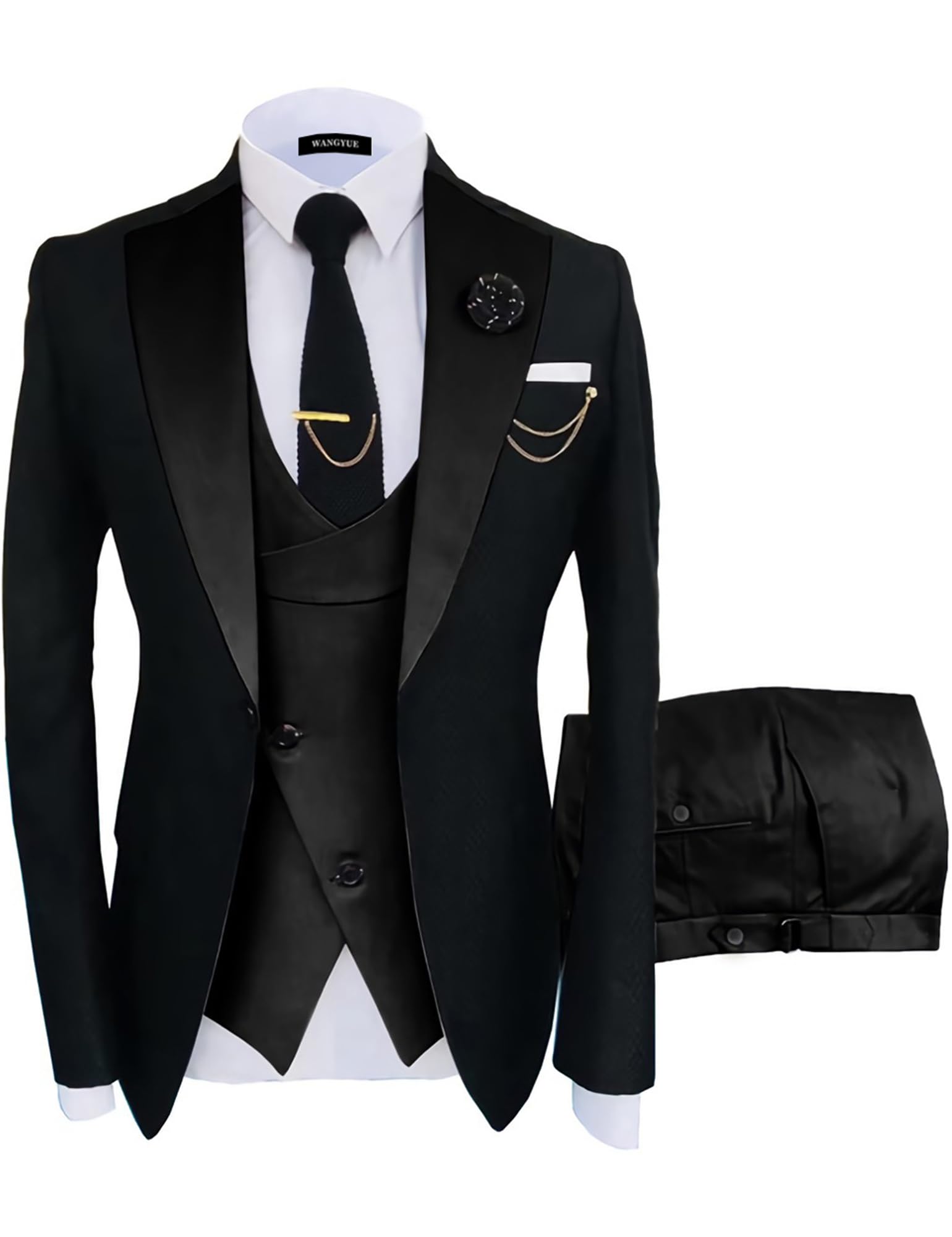 Wangyue - Men’s Slim Fit Blazer Jacket and Pants - 3 Piece Set Suit 5XL Black