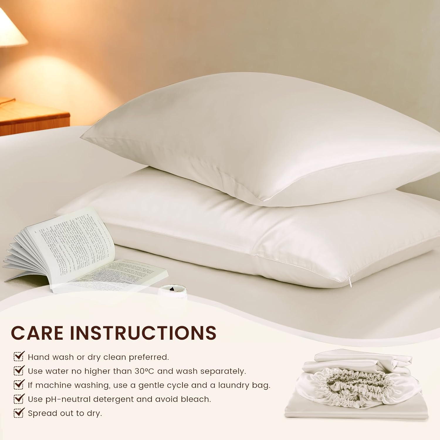 THXSILK Luxury Mulberry Silk Fitted Sheet Set 3 Pcs, Full Silk Bed Sheet Set with 16" Deep Pockets, Soft & Cooling Sheets, 1 Fitted Sheet, 2 Pillowcases with Zipper Closure - White