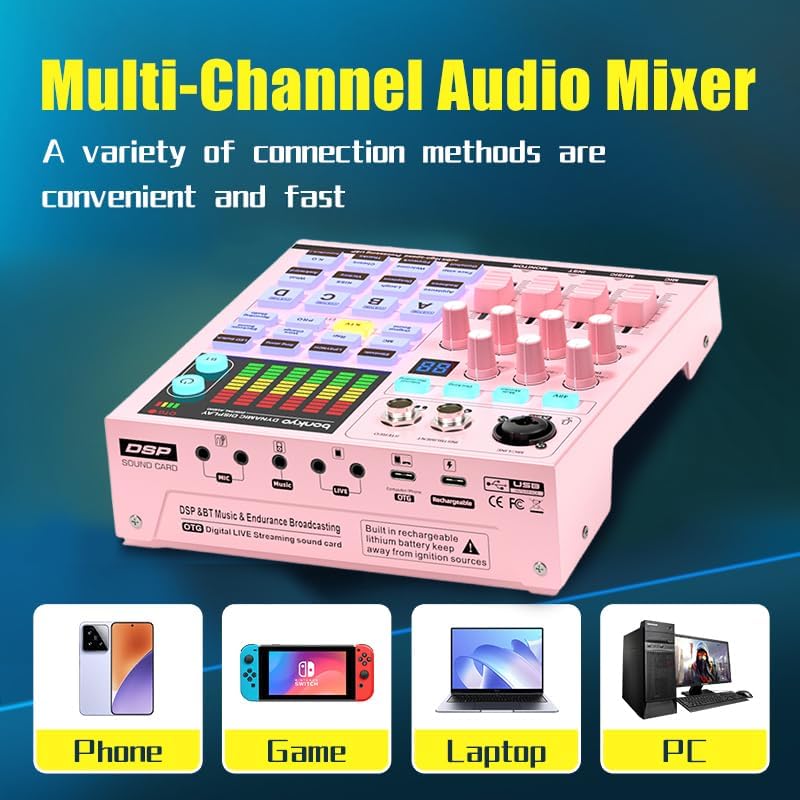 Podcast Equipment Bundle: SN800 Mixer with XLR Mic, Auto Ducking, 16-Level DeNoise, 4000mAh Battery, for Streaming, Singing, Recording, Compatible with PC/Phone/Bluetooth/Instruments - Image 6