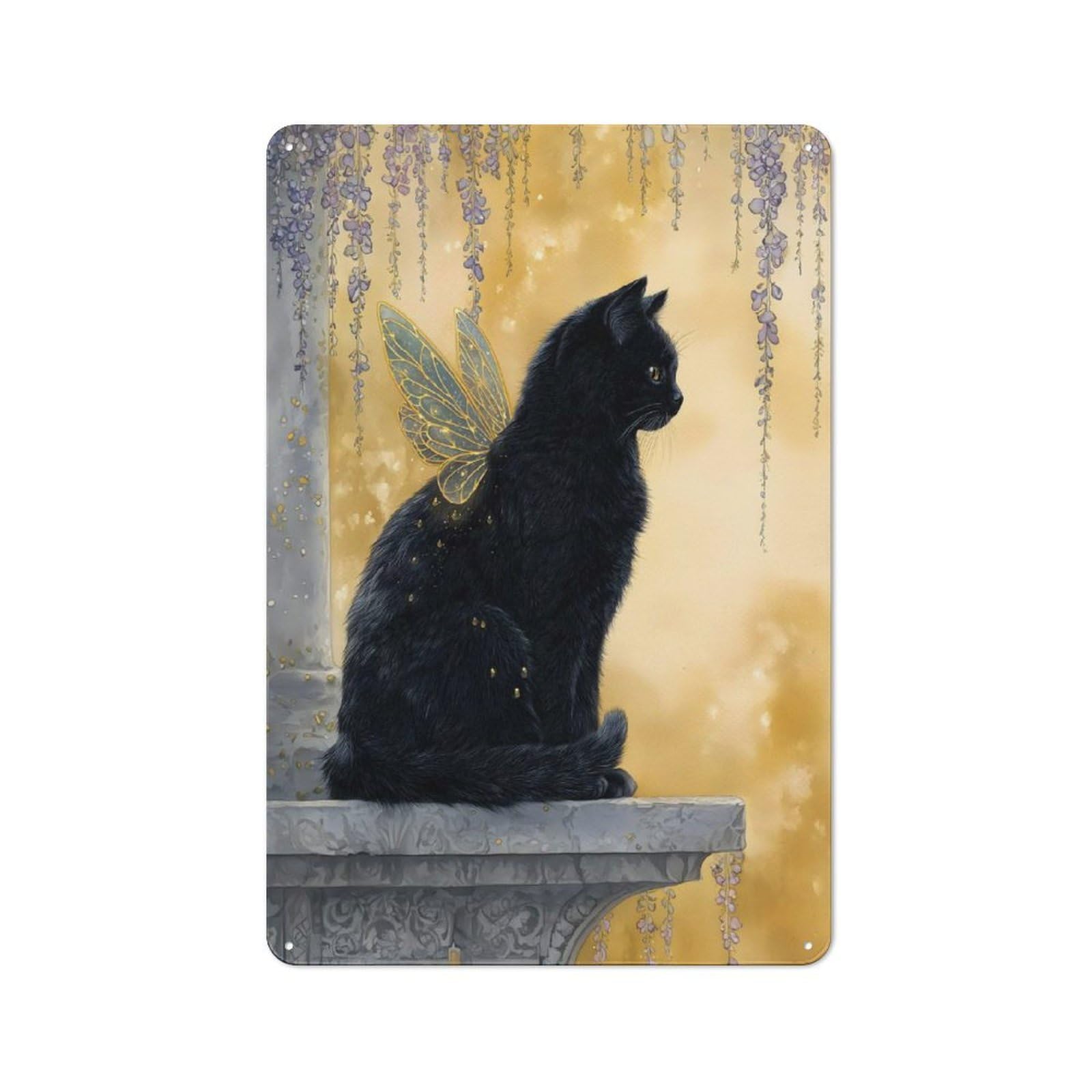 Junmoney Black Cat Fairy With Golden Wings Tin Wall Plaque With Design 30X20cm, Country Vintage Cottage Wall Art For Kitchen, Cottage, Porch Or Garden Room