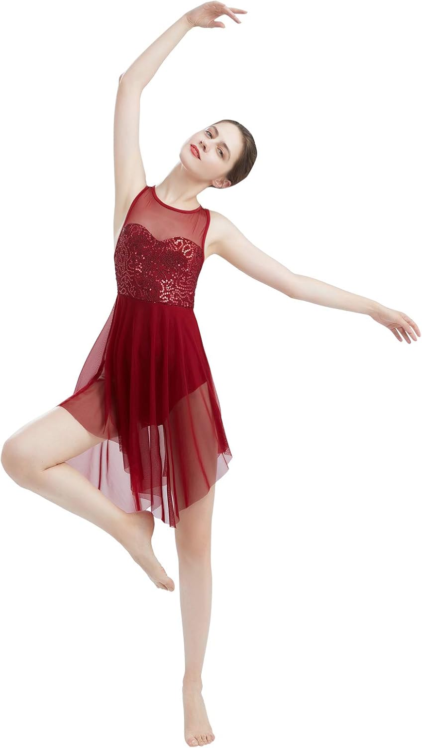 ODASDO Women Lyrical Dance Dress Modern Contemporary Dancewear Costume Sequins Tank Leotard Irregular Tulle Skirt