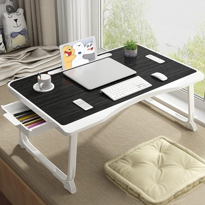 Large Laptop Desk Upgraded Bed Table, Foldable Laptop Table with Card/Cup Slot, Side Drawer, Foldable Legs, Lap Desk Notebook Stand for Bed Sofa, Portable Lap Tray