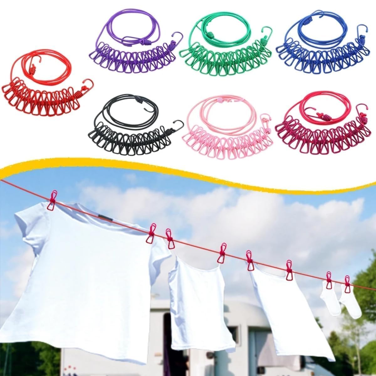 Cloth Drying Rope with Hooks 1-PCS Elastic Cloth Hanging Rope for Cloth Drying with 12 Clips Cloth Rope for Drying Clothes for Travel Home Outdoor Kapde Sukhane ki Rassi Wire -Multicolor (1)-image-44